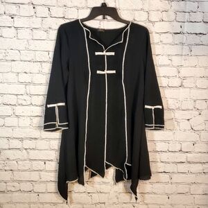 Opera Vintage Black Asymmetrical Flare Slit Sleeve High Neck Tunic White Trim